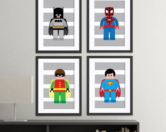 superhero wall art prints, super hero, set of 4 high quality prints, superhero bedroom, superhero nursery decor, gray stripes, modern