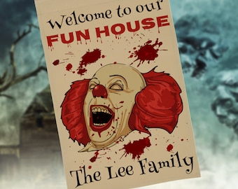 Personalized Halloween Creepy Clown Flag or Wall Hanging, Welcome To Our Fun House, Stand NOT Included