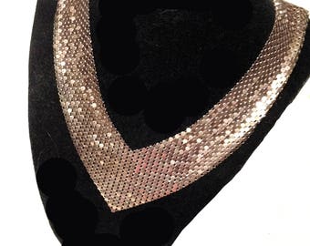 Vintage V Neck Mesh Necklace, 1960's Gold Tone Mesh Bib Necklace, Nice Vintage Patina, Box Clasp, VisionsOfOlde