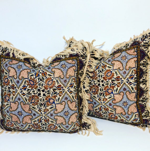 Set of two block printed tapestry pillows , natural cotton and irish linen fabric, 16" traditional cushions,Cover With calico printing