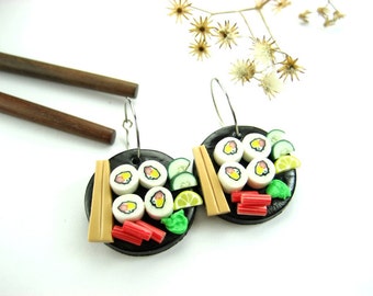 Black Disk Sushi Earrings, sushi jewelry, sushi earrings, Japanese culture, food charms, sushi gift, sushi lover gifts, California maki