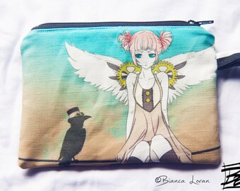 Birds on a Wire Zippered Pouch - Coin Purse Wallet - steampunk anime girl artwork - Bianca Loran Art