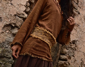 Long Sleeve Brown Organic cotton shirt with Embroidered belt