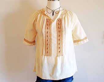 Vintage Ethnic Boho Hippie Blouse with Open Crochet Work