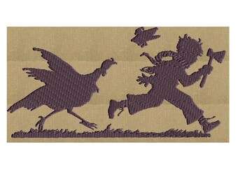 Vintage Turkey Chase - retro funny vintage - EMBROIDERY DESIGN FILE- Instant download - Hus Exp Jef Vp3 Pes Dst - 2 sizes - 5x7 or 4x4 hoop