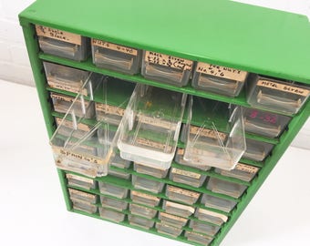 Vintage Green Raaco Metal Parts Cabinet, 45 Storage Bins, Removable Drawers, Portable Office Craft Storage