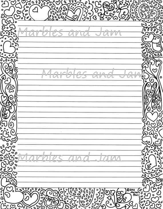 hearts border lined printable stationery and coloring page