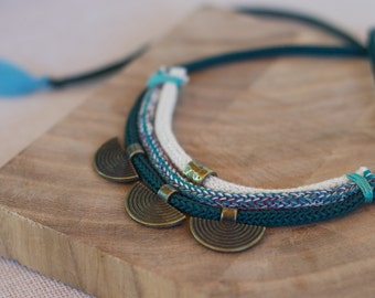 Textile Necklace, India Necklace, Lanyard Necklace, Fabric Necklace, Fiber Jewelry, Fabric Rope Necklace, Rope Necklace,Boho Tassel Necklace