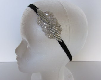 Silver Beaded Headband, Art Deco 1920s Great Gatsby Headpiece, Daisy Buchanan Flapper Headpiece, Wedding Hair Accessory Costume Party