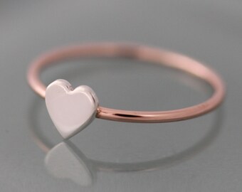 Rose Gold Ring Tiny Heart 14k SOLID Gold 1mm Band with Sterling Silver Hand Cut Heart Stacking Ring