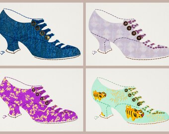 Hand stitched paper shoe wall art. Edwardian fashion illustration art. Downton Abbey costume decor. Original embroidered glam gift for her.