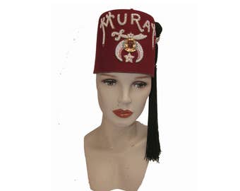 Vintage Murat Shriners Fez Mens Ornate Masonic Fraternal Red Turkish Hat with Tassel with Ornate Rhinestone Sabre Tassel Pin Down