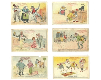 6 French Ad Chromo, Chocolat Duroyon & Ramette, Funny Illustration, Proverb Saying, Caricature Cartoon, Collectible Comic Trading Card