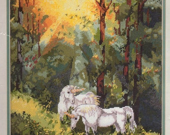Rare CHANGING LIGHT Needlepoint Kit - Candamar Designs Kit Design - Fantasy, Magic, Mythical, White, Unicorn, green, forest, light, sunlight