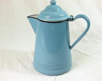 Blue Enamelware Coffee Pot, Blue Enamel Kettle, Vintage Coffee Pot
