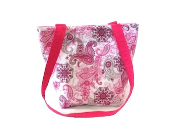 Paisley Purse, Small Fabric Bag, Handmade Handbag, Cloth Purse, Gray Paisley, Pink Flowers, Teen Purse, Shoulder Bag