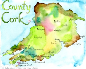County Cork Ireland - LARGE 13x19 Fine Art Watercolor Print - Ireland Map - watercolor map of Ireland