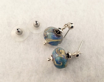 Earrings, post, silver, blue, beige, glass, bead, lampwork, original, handmade, gift, handcrafted, Sassy Shack Designs, jewelry