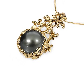 CORAL 14K Gold Black Tahitian Pearl Pendant Necklace, Gold Pearl Necklace Wedding, Black Pearl Pendant, Tahitian Pearl Necklace