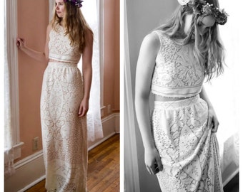 Boho Wedding Dress, Bohemian Wedding Dress, cropped Top wedding dress, lace wedding dress, boho lace wedding dress, two piece wedding dress,