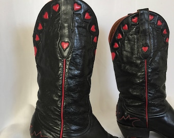 Vintage 'Old Gringo' Black Leather Red Heart Cowboy Boot | Cuban Heel | Genuine Leather | Cowgirl | Western Boot