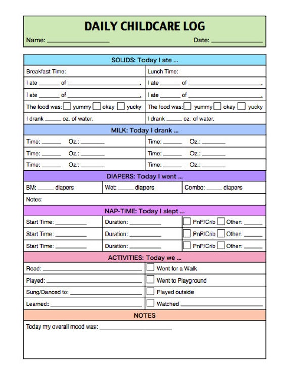 printable reports toddler free progress Toddlers: and for Log Daily Caregiver Infants Childcare