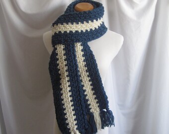 Scarf Extra Long Crochet in Windsor Blue and Off White