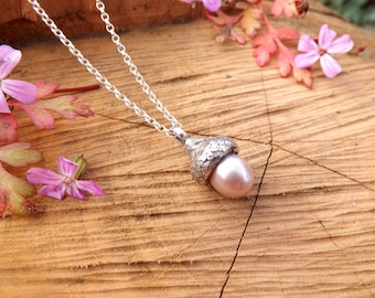 Tiny Pink Pearl Acorn Necklace: Freshwater pearl, Woodland Necklace, Nature Jewellery, Pearl Necklace,