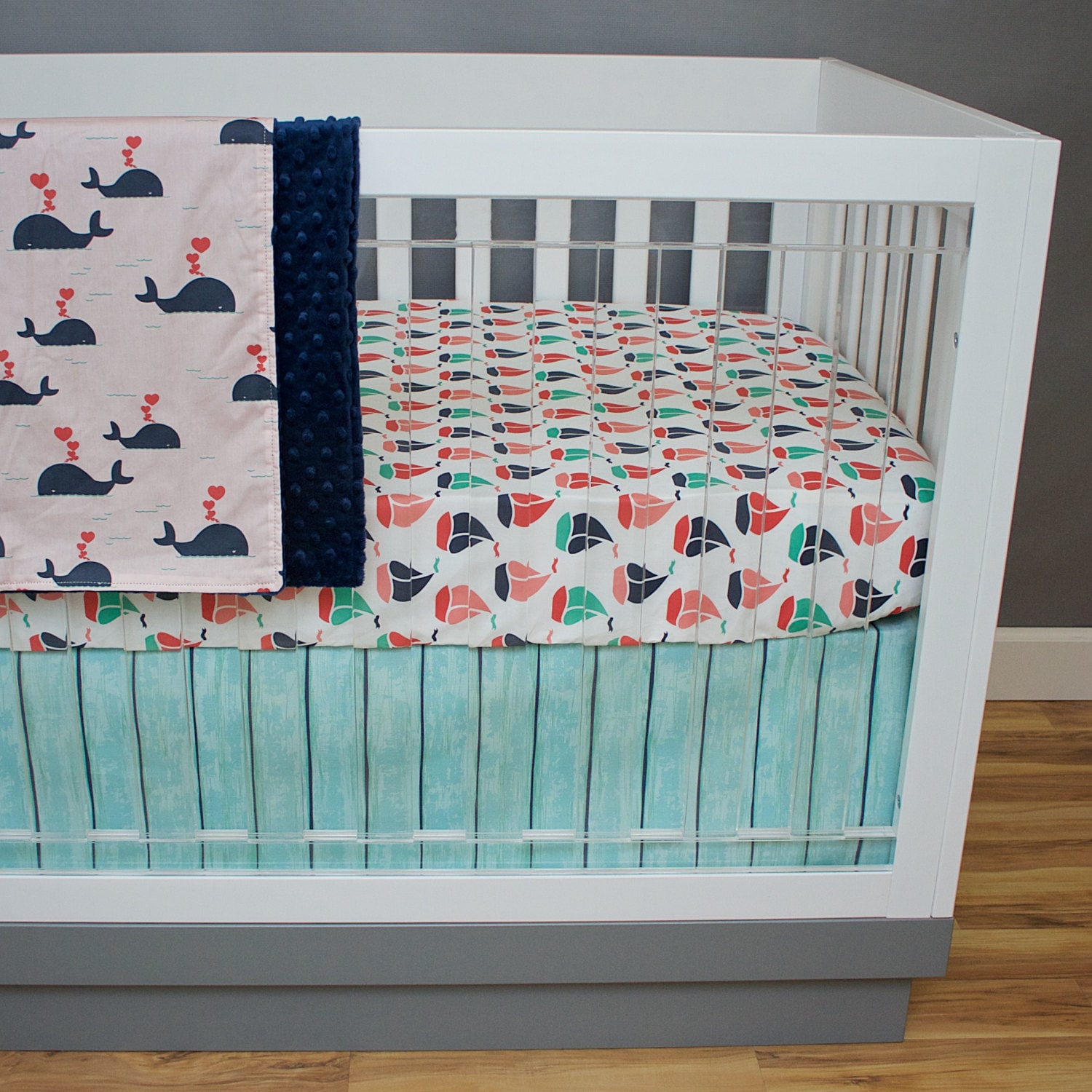 Crib Bedding Nautical Girl Coral Navy Mint Green Pink Baby