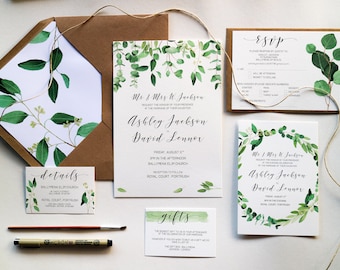 Green Leaf Wedding Invitation Set // Printed Wedding Invitations with Liner // Eucalyptus // Watercolour Leaves // Greenery // Modern