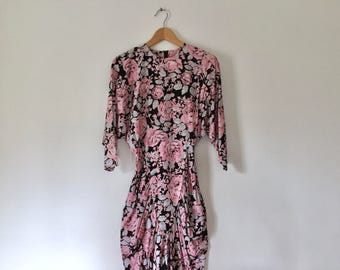 vintage 80s black floral dress fitted batwing sleeve dress ruched dress womens easter dress spring party dress tight dress dolman sleeve XS