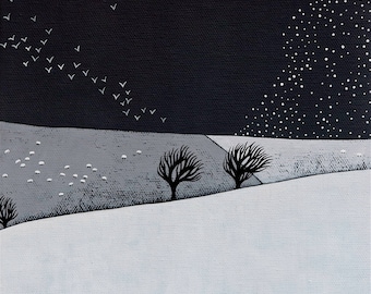 Snow Storm Coming - Archival 8x8 Print - Winter Landscape Painting - Minimalist Art, Birds - by Natasha Newton