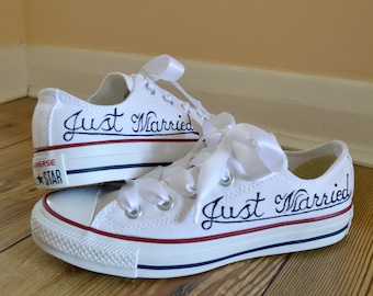 Custom Converse Wedding Bridal and groom shoes with white satin ribbon shoelaces.
