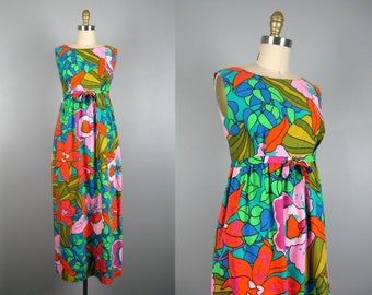 Vintage 1960s Tropical Print Cotton Dress 60s Bold Floral Print Hawaiian Dress Size M