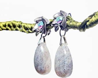 CLIPS on Earrings Clips White glass Pearl & Silver Crystal Cristal drop Jewelry French Creation Vintage Handmade Nickel Free Gift for Her