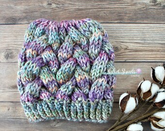 CLEARANCE, Knit messy bun hat, Braided cable hat, Knit bun hat, Ladies bun beanie, Handmade gift, Girls Hat, Winter hat, Ready to ship