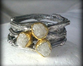 Rough Diamond Stacking Rings, Twig Ring set, Stackable Rings ,Gold, silver and raw diamond ring set, statement ring, engagement ring