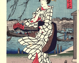 Japanese Ukiyoe, Woodblock print, Hiroshige, "Ryogoku yu-suzumi"