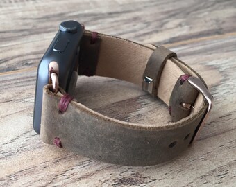Apple Watch Band, iwatch band,apple watch band 38mm 42mm,apple watch leather band - Dark Brown Color (Hint of Green) - Purple Stitching