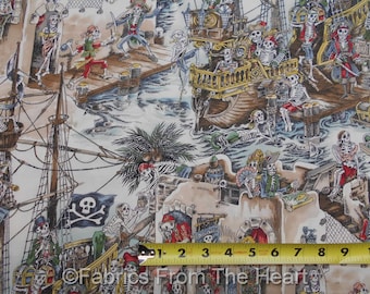 Skelewags Pirates Skeltons Ships Swords Natural BY YARDS Alexander Henry Fabric