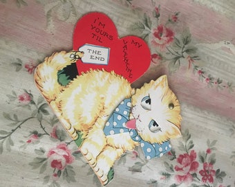 Antique Vintage Valentine's Day Valentine Card - 1940s Mechanical Kitty Cat Sticking Out Tounge