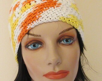 Orange, White and Yellow Beanie, Crochet Beanie, Summer Hat, Spring Beanie, Cotton Hat, Women's Cotton Hat, Warm Weather Hat