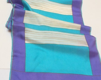 Vintage Vera Neumann Silk Scarf, Designer Silk Scarf, Turquoise White and Mauve, 1970s