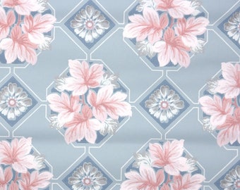 1940s Vintage Wallpaper by the Yard - Pink Leaves on Blue Geometric