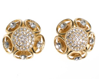 Vintage Gold Dome Scroll Crystal Rhinestone Statement Earrings