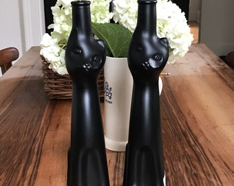 2 Matte Black Happy Cat German Rheinhessen Reisling Glass Wine Bottles 13”