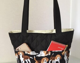 Beagle Bag Quilted with Magnetic Snap, Beagle Handbag, Beagle Tote, Outside Pockets, Inside Pockets