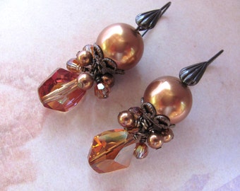 Copper Pearl Earrings, Swarovski Earrings, Copper Earrings, Pearl Earrings, Vintaj Brass Earrings, Dangle Earrings, Autumn Earrings