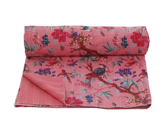 Queen size reversible beautiful indian bedspread handmade bird of paradise kantha throw