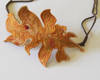 Textile Acanthus Leaf Bun Wrap Botanical Fiber Art Woodland Hair Accessory Orange Silk Nature Lover